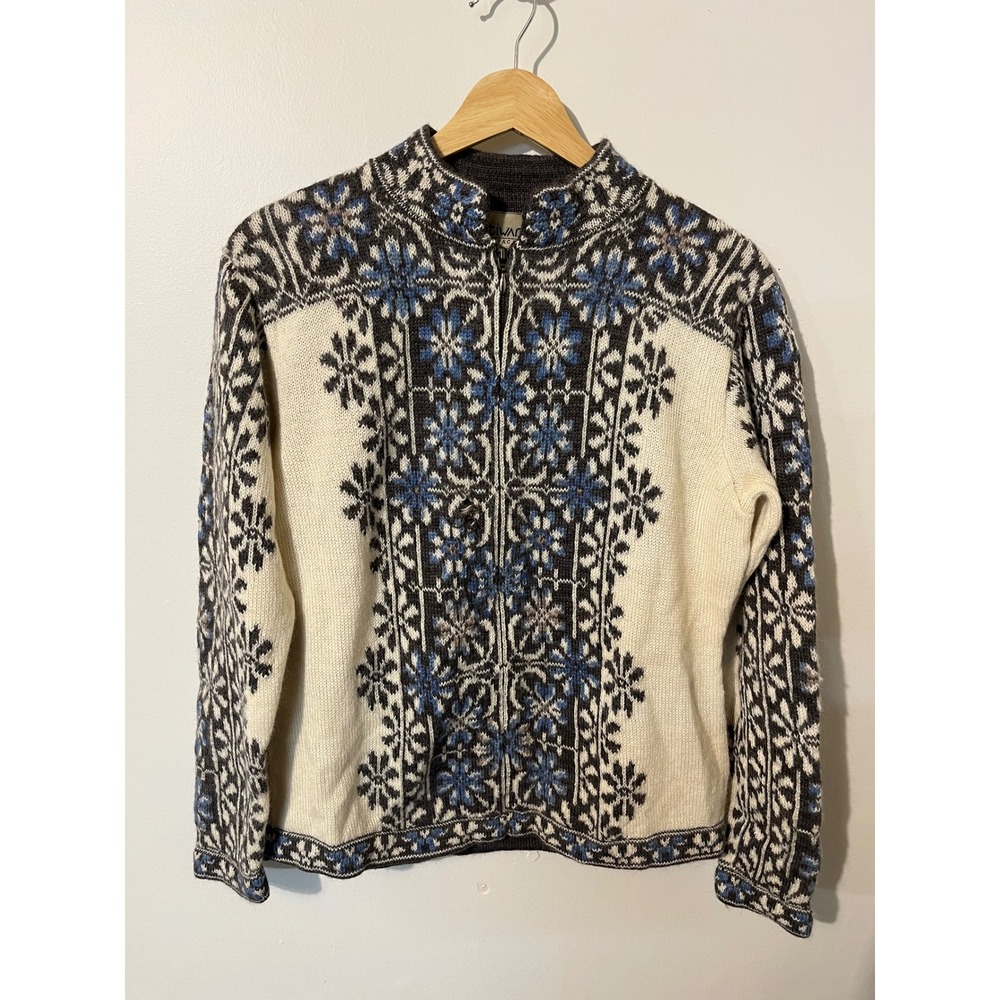 Intiwara Alpaca Wool Nordic Snowflake Fair Isle Zip Mock Neck Sweater Large